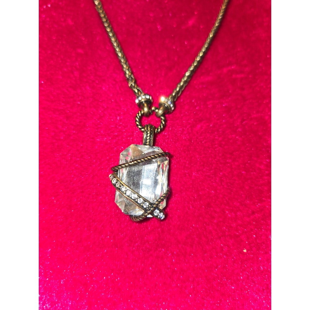 Antique Gold Tone Emerald Cut Crystal Wire Wrap Rhinestone Pendant Necklace